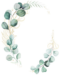 Oval frame with watercolor green eucalyptus leaves, isolated wedding illustration, copy space © katrinshine
