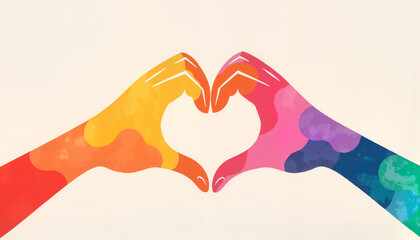Colorful hands forming a heart shape, representing LGBTQ+ unity and connection for Pride Month materials