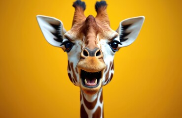 Fototapeta premium Close-up portrait of surprised giraffe pet with curious face, open mouth on yellow studio background. Website banner concept. Advertising postcards, notebooks. Funny animal, mammal. Digital