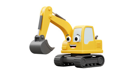 Fototapeta premium Cartoon Excavator Character Smiling on White Background in Rendered Style