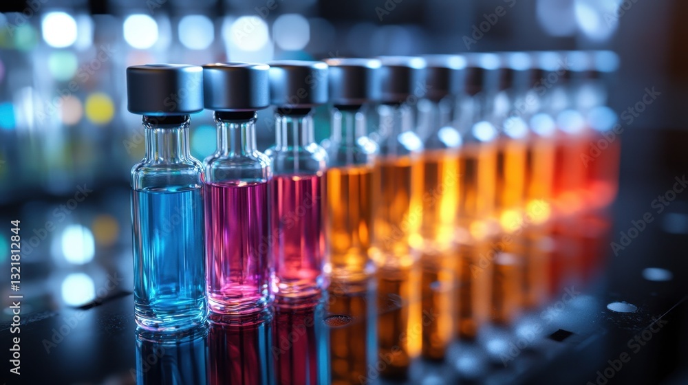 Poster a row of colorful vials filled with liquid, arranged in a laboratory setting. the vials are in varyi