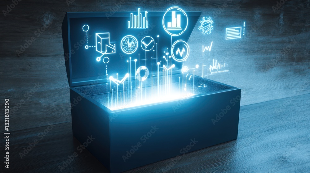 Poster Open box displaying digital data graphics on a wooden surface