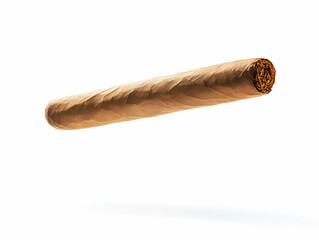 A single cigar levitating against a plain white background, showcasing fine craftsmanship and rich tobacco ingredients.