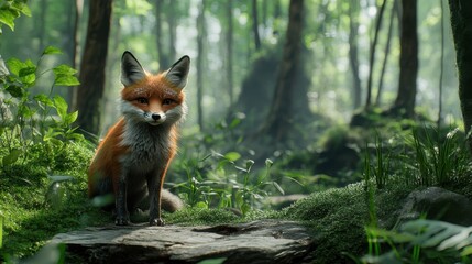 Fototapeta premium A Red Fox Sitting Calmly In A Verdant Forest Environment