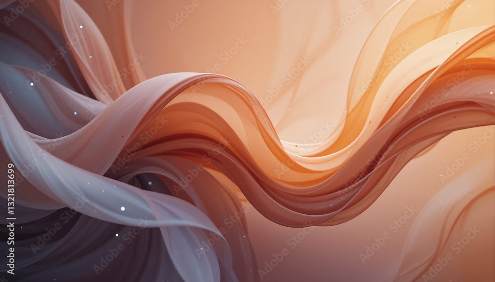 Poster 3d rendered abstract waves with a swirling, layered effect and a blend of warm and cool colors.