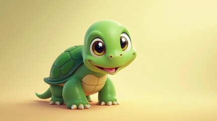 Fototapeta premium Happy cartoon turtle smiling against yellow background