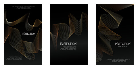 Golden Luxury invitation card background, Premium geometric wave shape, gold line gradient on dark. elegant design for gala card, grand opening, party invitation, layout, templates.