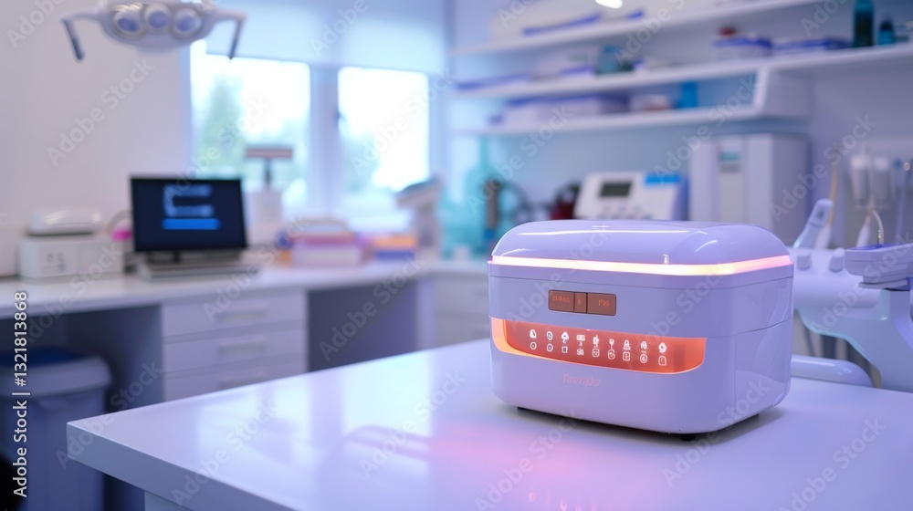 Aufkleber advanced sterilization unit displayed on a countertop in a modern dental clinic, showcasing a clean 