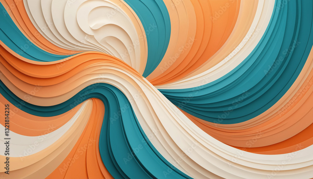 Poster 3d rendered abstract waves with a vibrant, flowing pattern and a mix of warm and teal colors.