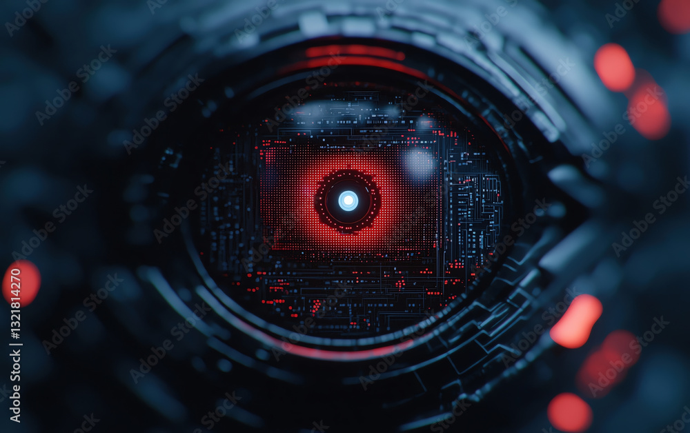 Poster closeup of robotic eye with intricate circuitry and glowing elements