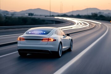 White electric car driving fast on a highway at sunset, showing wifi signal