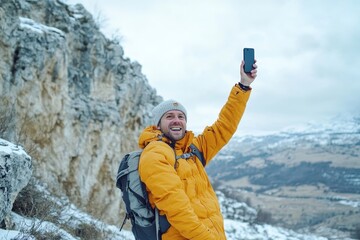 Handsome man taking selfie photo with smart mobile phone device outside - Cheerful climber hiking mountains - Travel blogger, people and action camera