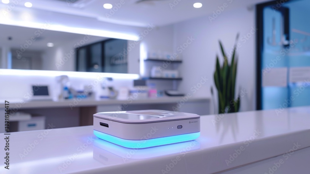 Poster a sleek device sits on a counter illuminated with soft blue light, accentuating its modern design in
