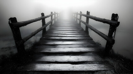 Obraz premium Wooden Bridge Receding into Foggy Landscape