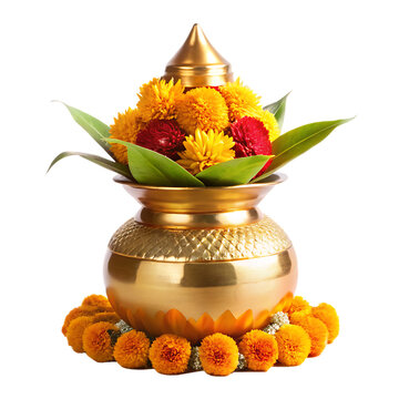 golden puja kalash decorated flower white background.png