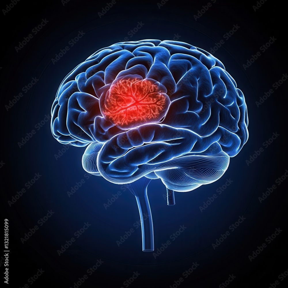 Poster a glowing brain model with a red spot. the image represents the complexity of human intelligence and