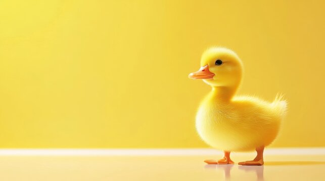 A charming and fluffy yellow duckling standing with a yellow background