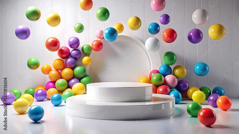 Poster 3d pride month product podium background white color with colorful bounce balls. abstract compositio