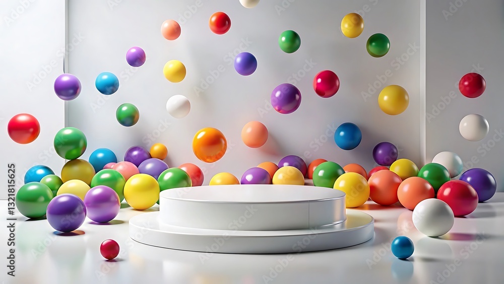 Poster 3d pride month product podium background white color with colorful bounce balls. abstract compositio