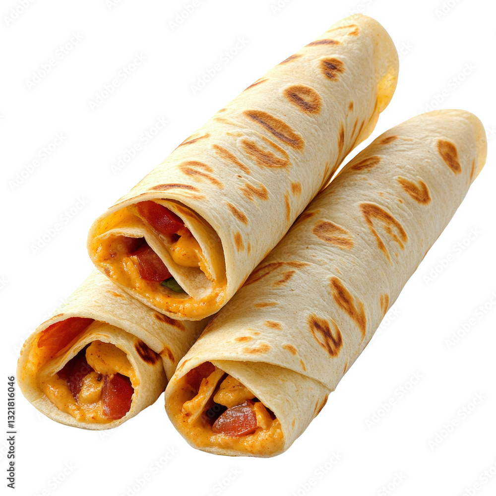 Poster three delicious burritos arranged on a plate displaying colorful ingredients and textures for a flav