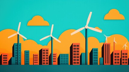 Obraz premium Colorful and Vibrant Urban Landscape with Wind Turbines and Clouds in a Paper Cutout Style Design
