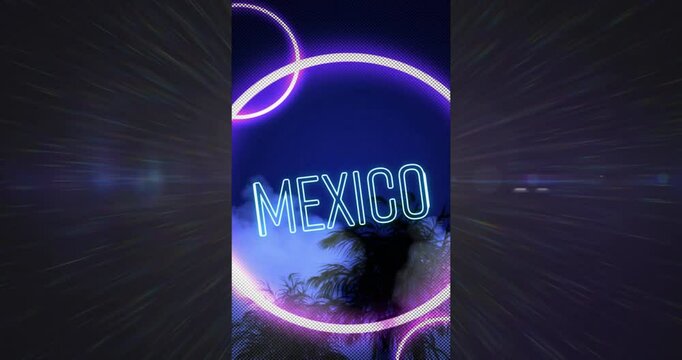 Neon circles with Mexico text glowing over tropical palm trees at night animation