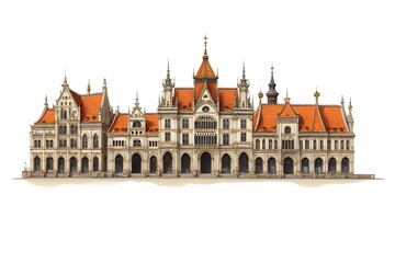 Obraz premium Architectural Drawing of a Grand European Building with Orange Roof