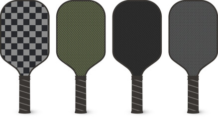Fototapeta premium Pickleball paddle with different skin materials in realistic scale. Modern textures and colors of racket set for play. High-quality sports equipment design. Layered isolated vector illustration.