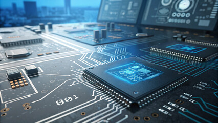 Fototapeta premium Macro shot of a PCB with a central microchip, revealing fine connections, capacitors, and resistors in a high-tech setup.