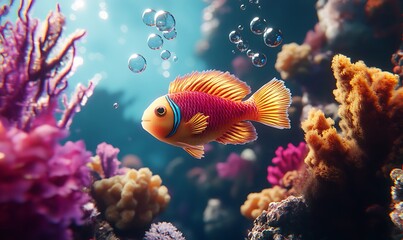 Obraz premium A vibrantly colored fish swims amidst colorful coral formations underwater