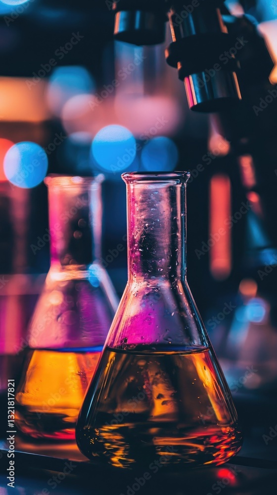 Poster lab research erlenmeyer flasks with yellow liquid, microscope in background