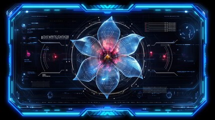 Futuristic floral display on a digital interface; glowing blue and red flower in a technological setting. Ideal for tech, science, or nature-themed projects. seamless looping time-lapse animation - Powered by Adobe