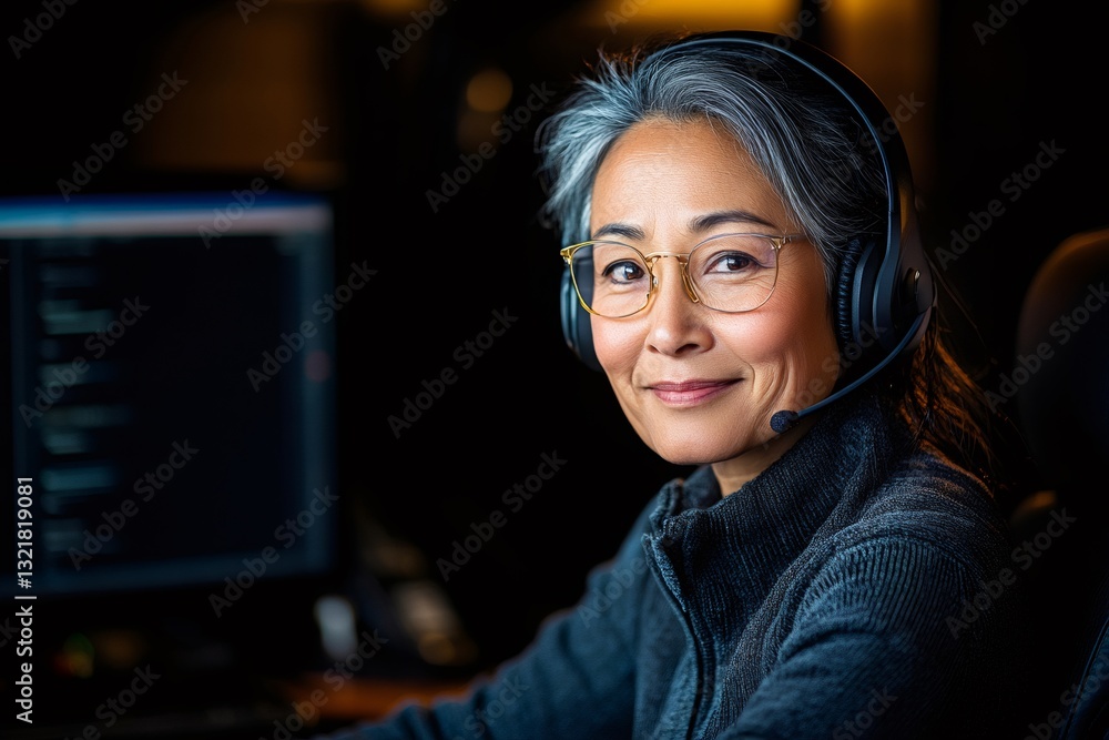 Leinwandbilder asian programmer wearing headset working at night on computer code