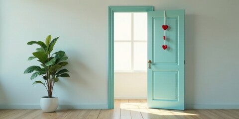 Serene Interior Featuring an Open Teal Door Adorned with Hanging Hearts and a Lush Green Plant in a White Pot on Light Wood Floor