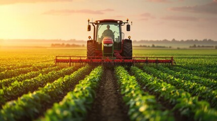 Fototapeta premium Modern agricultural technology in action tractor farming innovation in nature's landscape