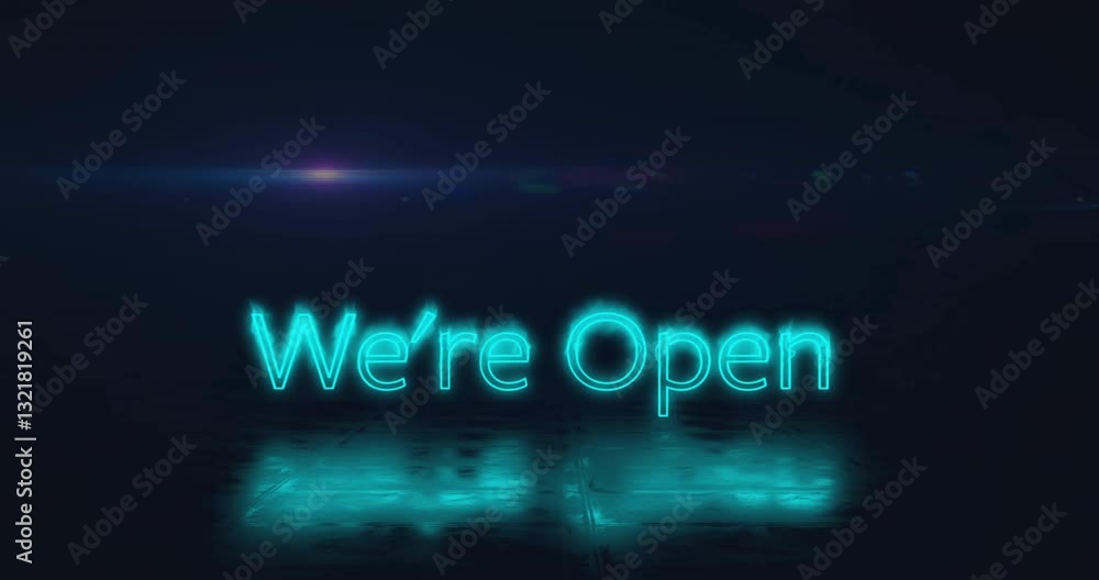 Aufkleber animation of glowing we're open text with blue neon light on dark background
