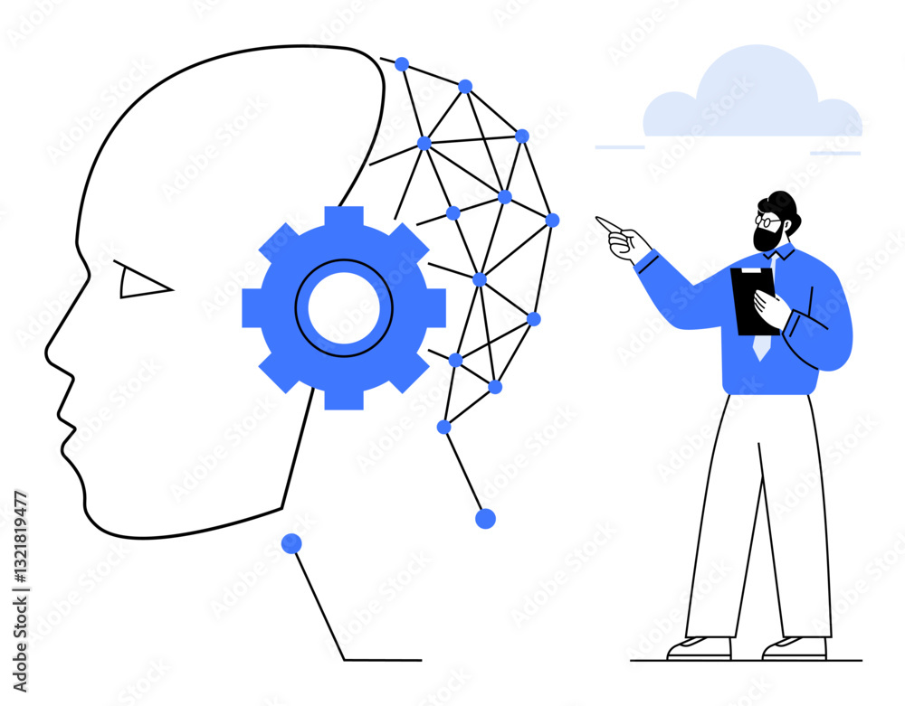 Poster side profile with neural network and gear, man pointing at clipboard. ideal for ai, machine learning