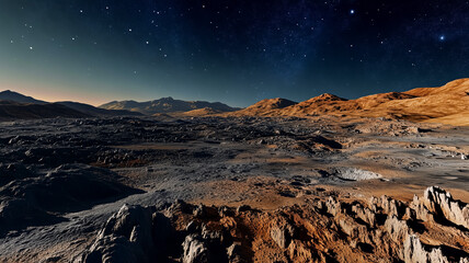 Serene alien landscape under a starlit sky on another planet