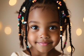 Portrait of smiling young girl with braided hair and colorful beads on blurred background