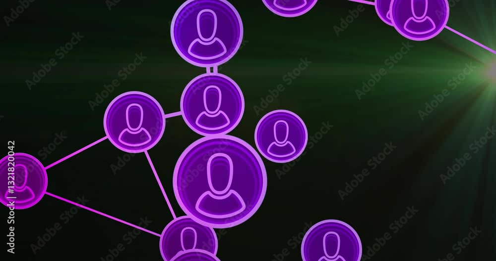 Poster purple network icons connecting over dark green background in animation style