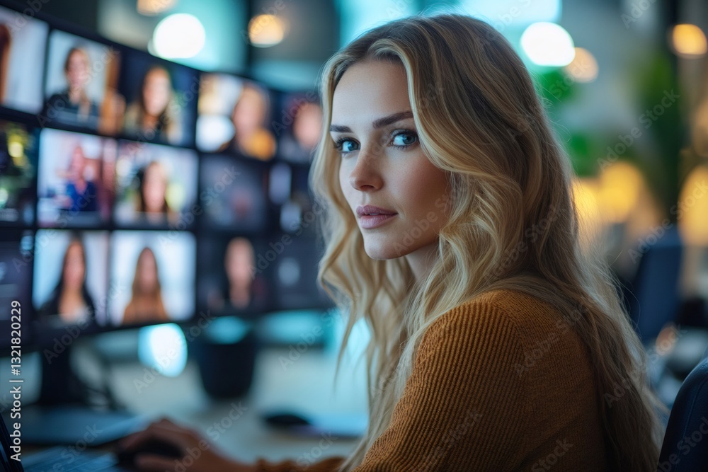 Aufkleber Video editor working on footage in modern office, editing using multiple displays
