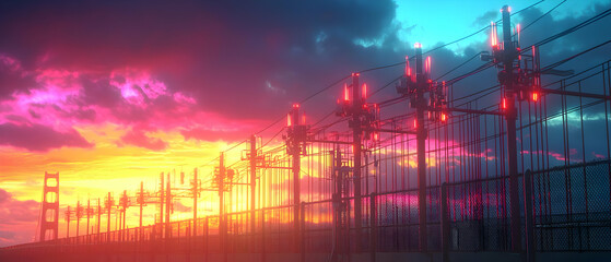 Dramatic Pixel Art Sunset With Silhouetted Power Lines Against A Vibrant Colorful Sky