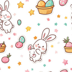 Cute bunnies with colorful eggs and stars create playful pattern, perfect for Easter celebrations. This whimsical design features cheerful elements that evoke joy and festivity