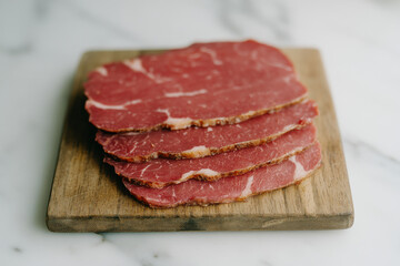 A slab of meat is cut into four pieces and is sitting on a wooden cutting board