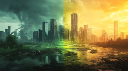 Fototapeta premium Futuristic digital artwork illustrating extreme climate scenarios showcasing a contrast between a green sustainable world and a polluted desolate wasteland