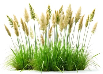 Fototapeta premium A patch of tall, untamed grass with delicate seed heads and vibrant green stems, isolated on a white background 