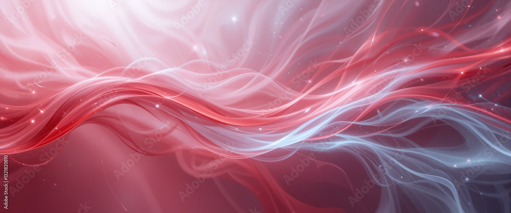 Poster abstract waves with glowing, red and white light trails against a gradient ruby and white background
