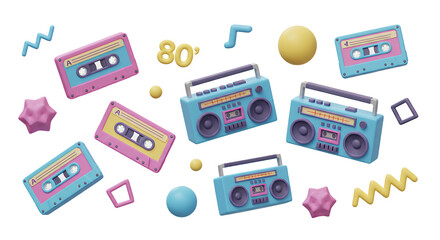 Fototapeta premium Floating Cassette Tapes and Boomboxes with Eighties Inspired Geometric Shapes