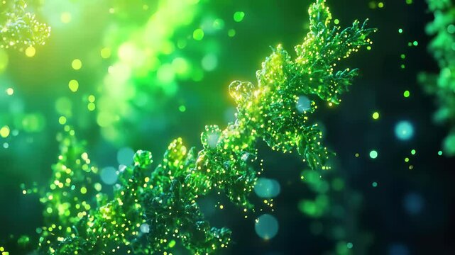 Luminous green moss with sparkling bokeh effects. Vibrant emerald microorganisms with glowing particles. Magical forest flora captured in ethereal detail. Enchanted dewdrops on delicate verdant lichen