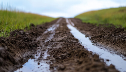 Dry soil contrasts with wet patches along a rural pathway, showcasing the effects of recent rainfall on the terrain's texture